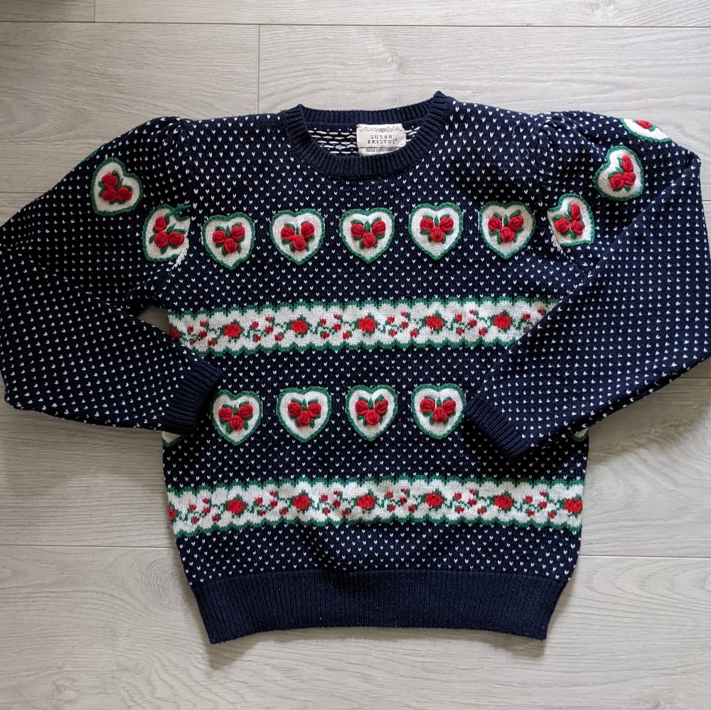 VINTAGE Susan Bristol Hand Embroidered Roses Knit Sweater